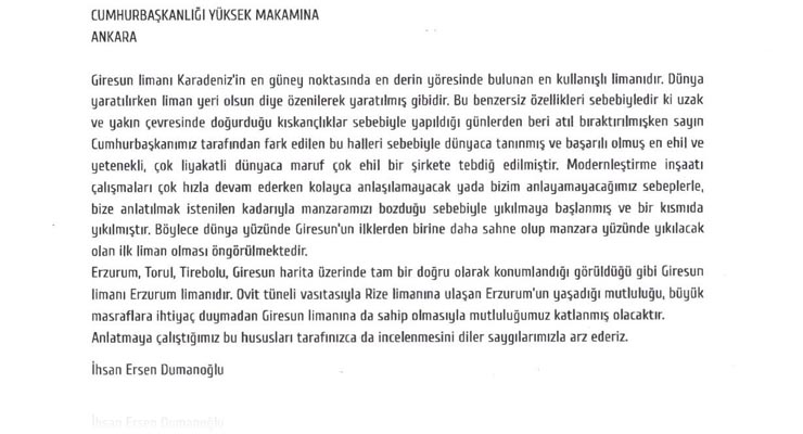 İhsan Dumanoğlu’dan Erdoğan’a mektup var 
