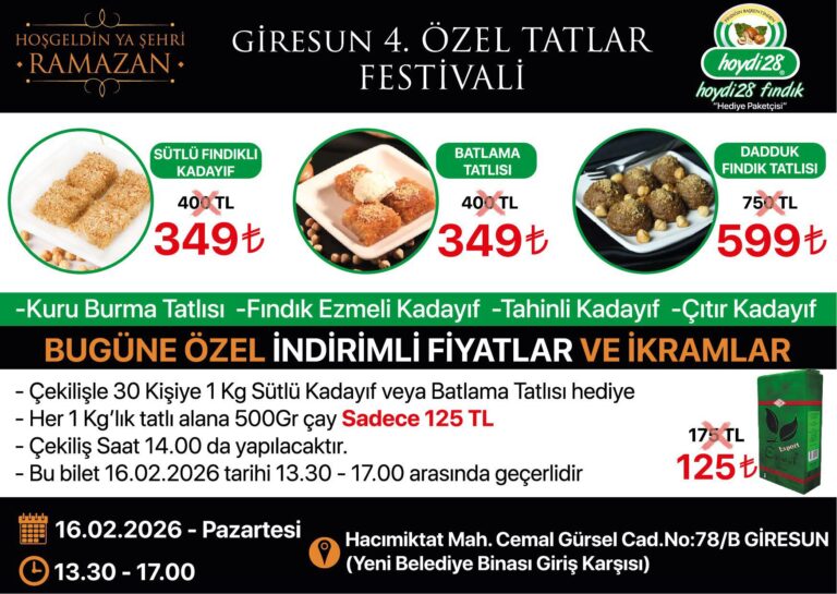 16 ŞUBAT’TA GİRESUN’DA HOYDİ 28 ÖZEL TATLAR FESTİVALİNDE İNANILMAZ İNDİRİMLER